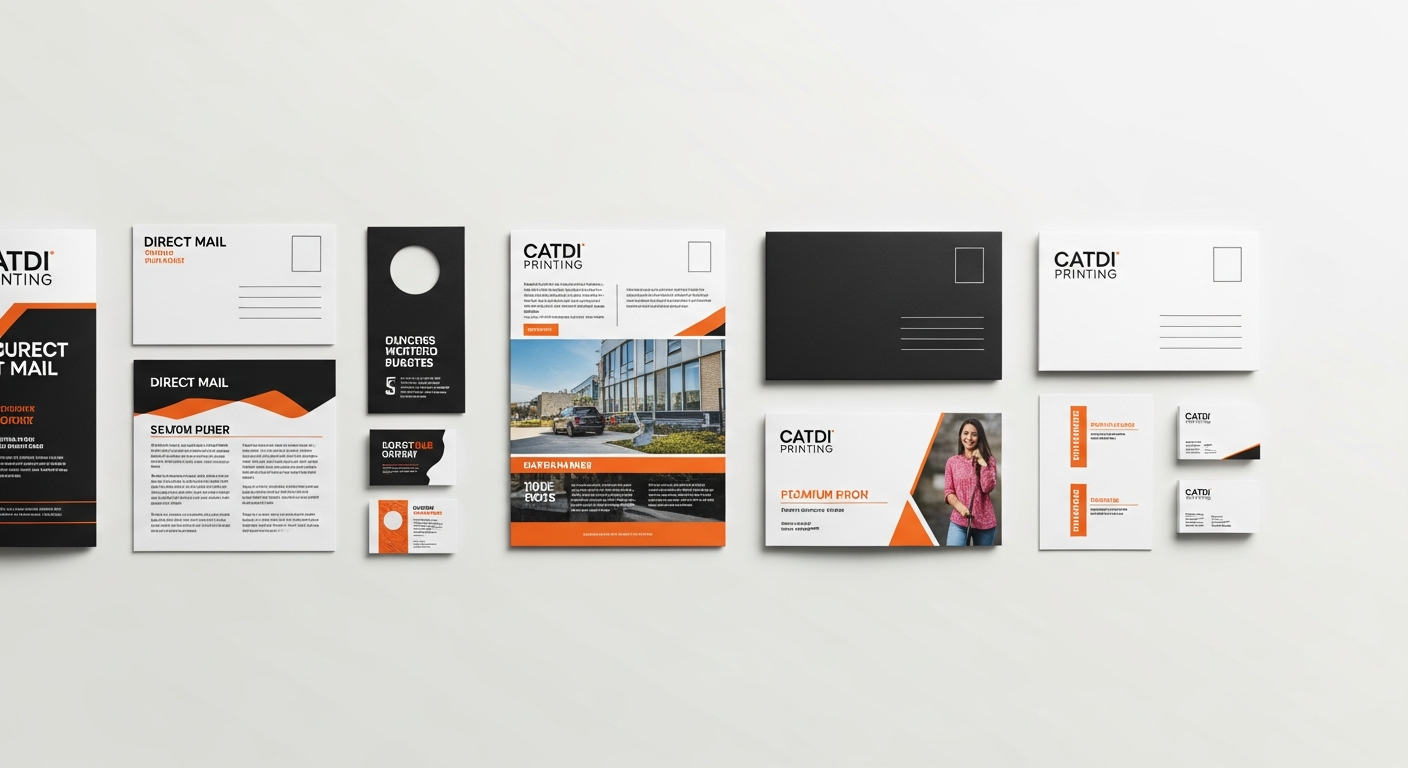 Printed marketing materials including postcards, door hangers, flyers, and business cards