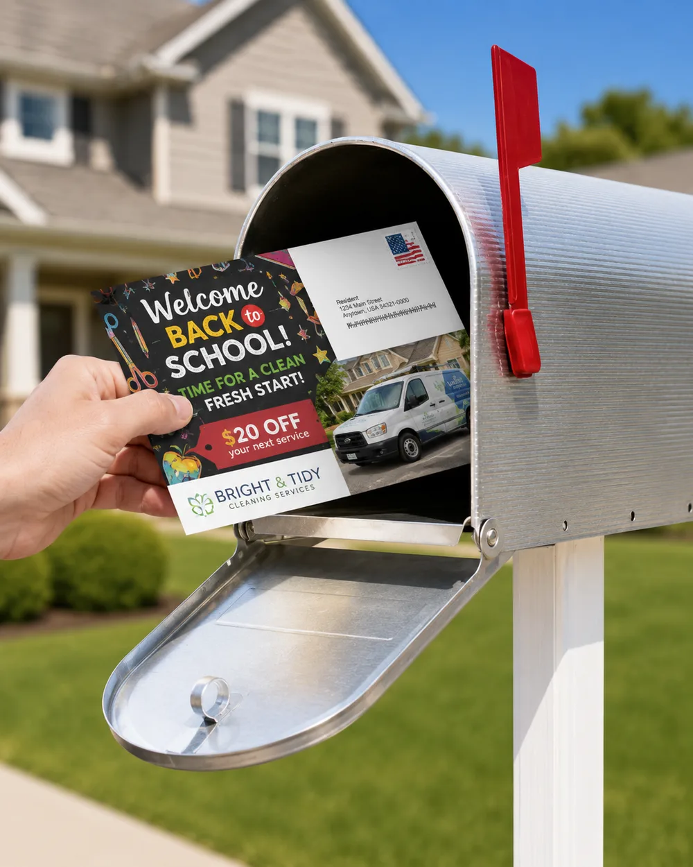Hand pulling a direct mail postcard from a mailbox at a suburban home